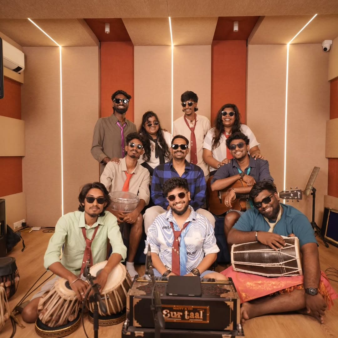 Office Gaana with Sean Roldan in a recording studio, with guitar, tabla, dholak and harmonium